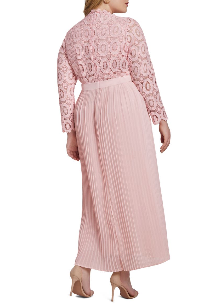 Lace Bodice Pleated Long Sleeve Evening Dress, Alternate, color, PALE PINK