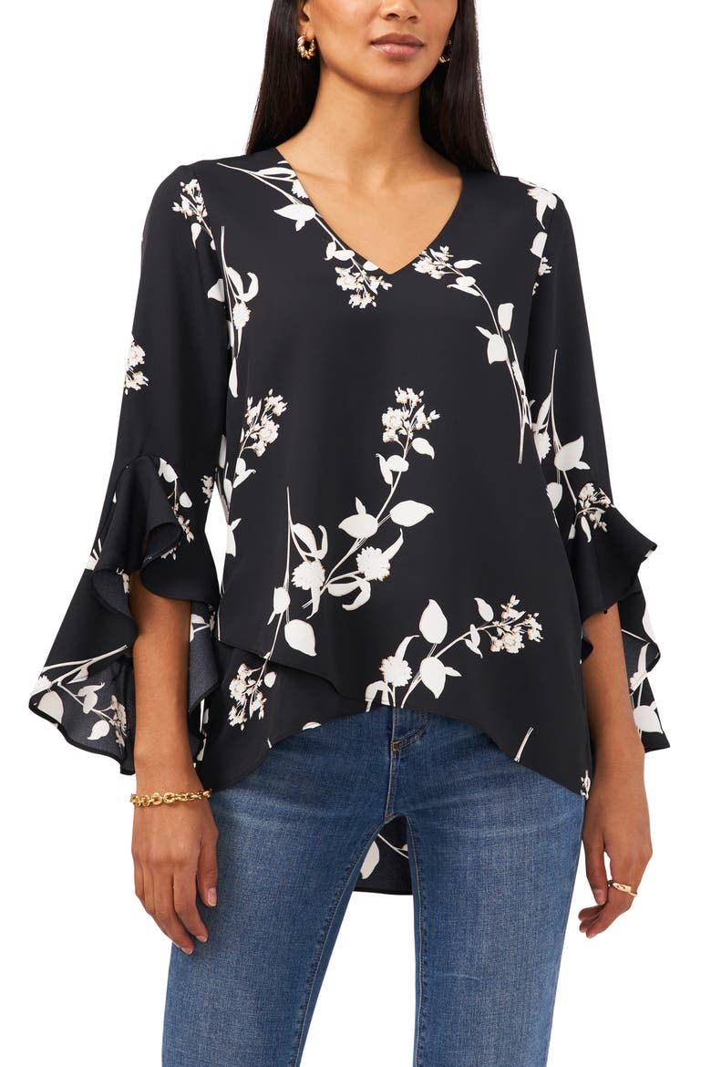 Flutter Sleeve Floral Print Top, Main, color, RICH BLACK