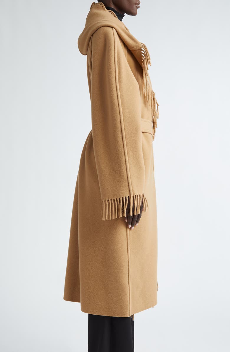 Fringe Wool Hooded Wrap Coat