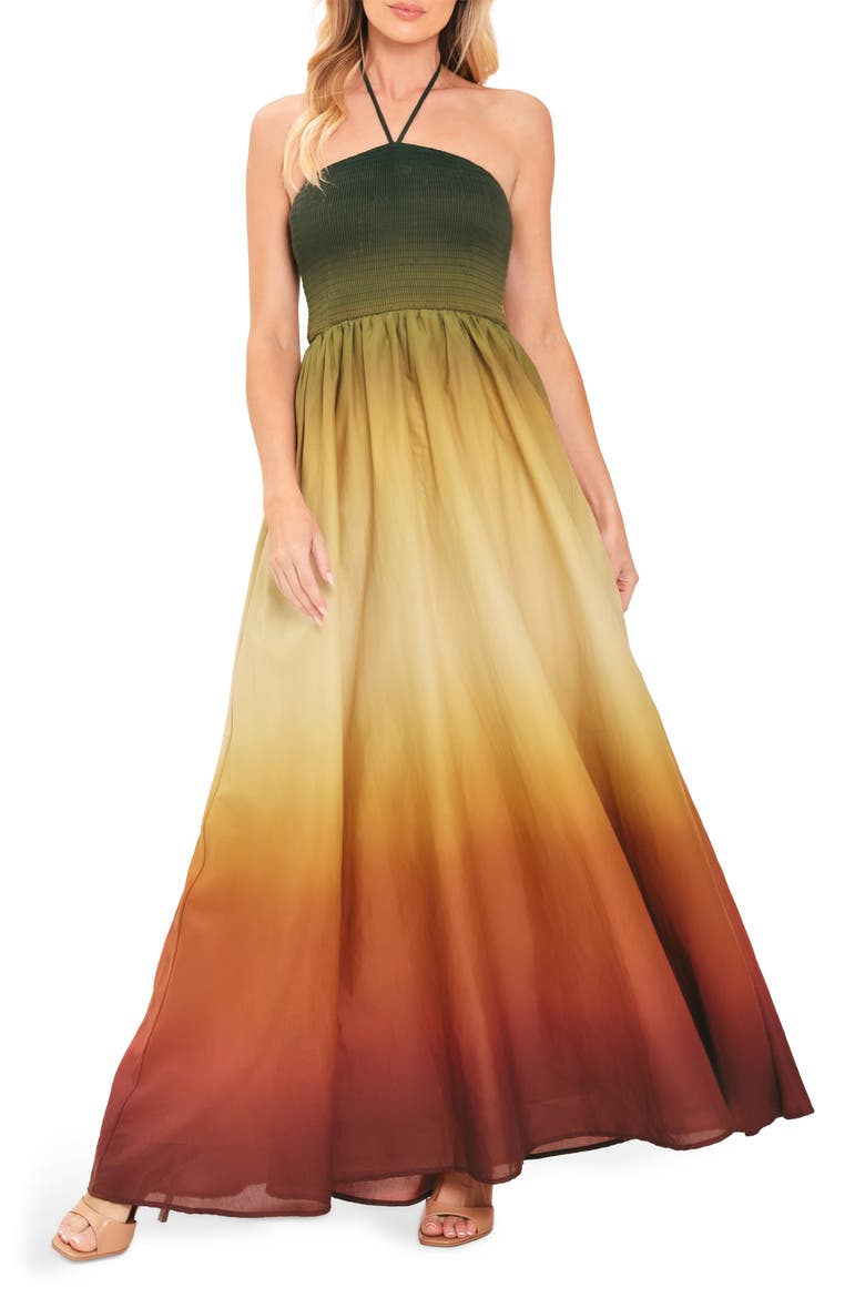 Ombré Halter Neck Cotton Maxi Dress, Main, color, OLIVE RUST