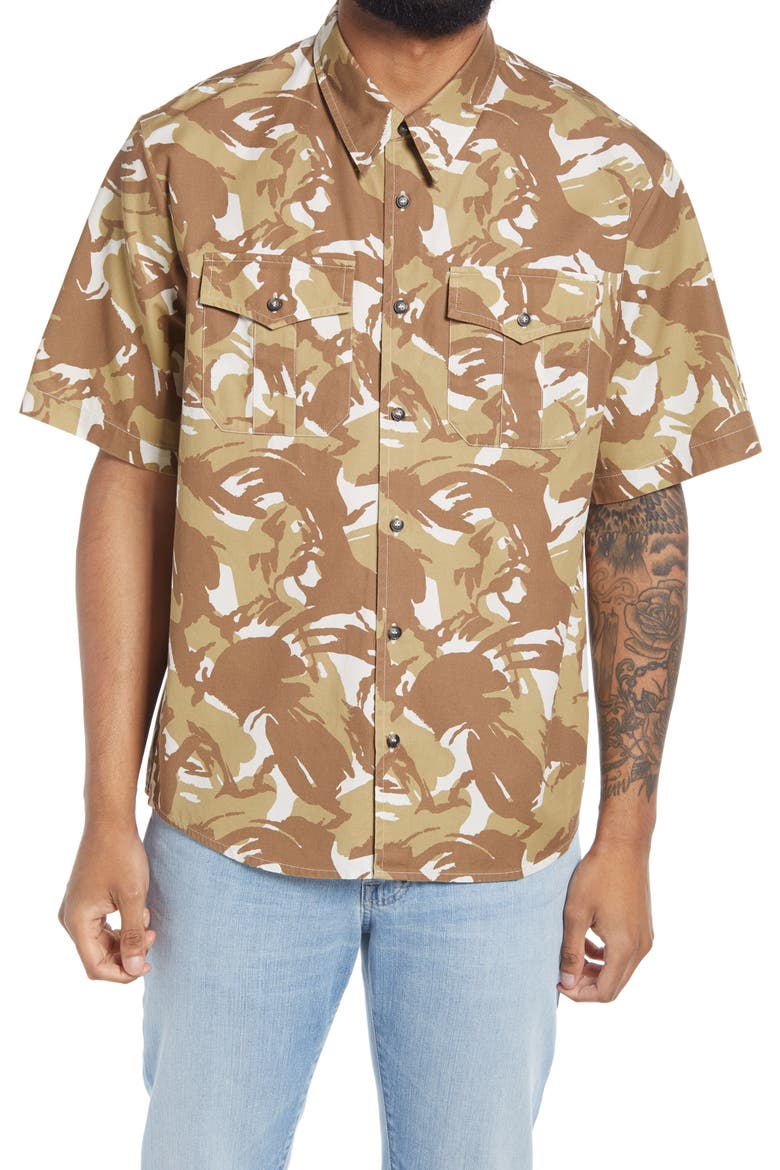 Joey Print Short Sleeve Button-Up Shirt, Main, color, SAND