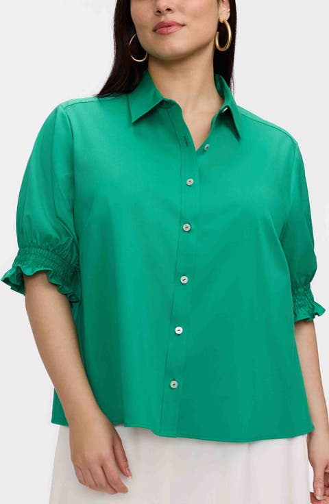 Vivienne Elbow Sleeve Matte Sateen Button-Up Shirt (Plus)