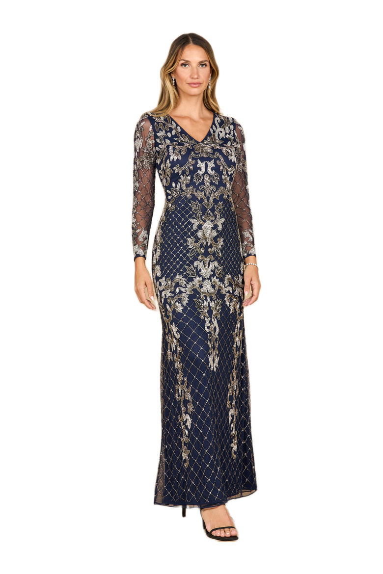Long Sleeve Contrast Beaded Gown, Main, color, Navy