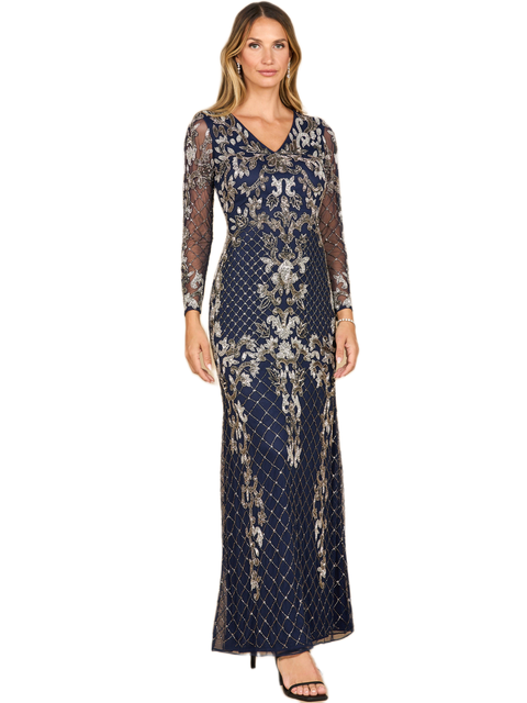 Long Sleeve Contrast Beaded Gown