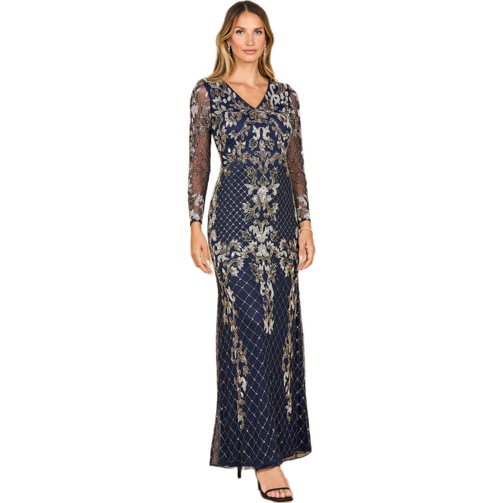 Lara New York Long Sleeve Contrast Beaded Gown In Multi