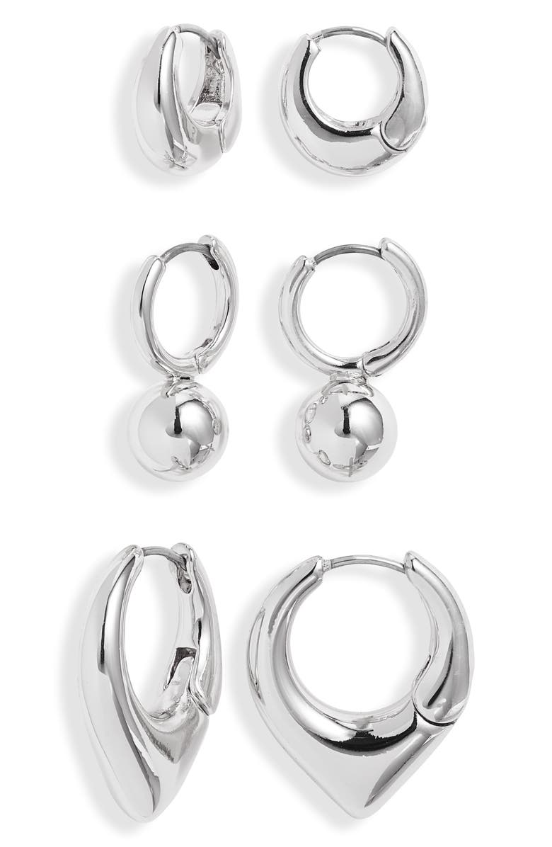 Open Edit Set of 3 Geometric Huggie Hoop Earrings, Main, color, Silver