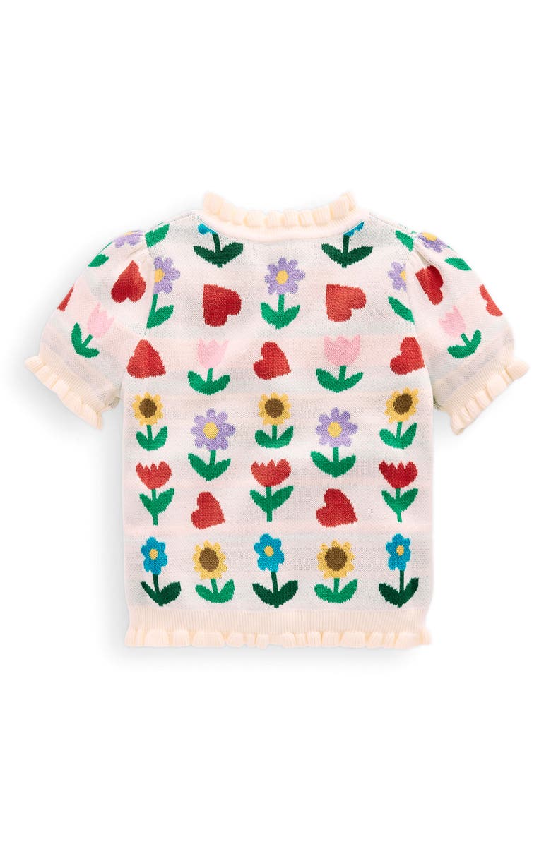 Mini Boden Kids' Floral Jacquard Short Sleeve Cotton Sweater, Alternate, color, Ecru Marl Sunflower Garden