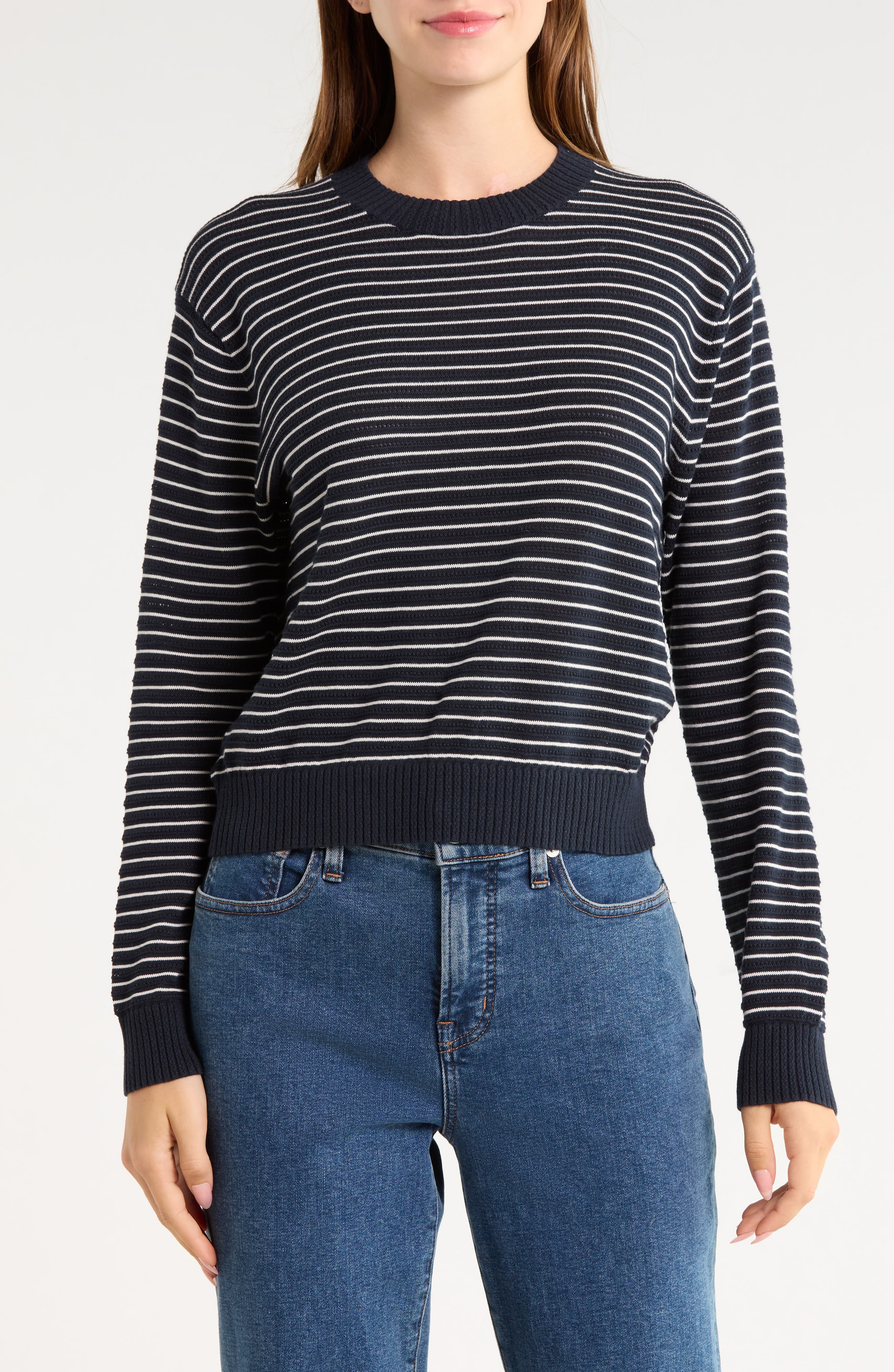 Striped Textured Stitch Cotton Crewneck Sweater