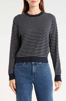 Striped Textured Stitch Cotton Crewneck Sweater