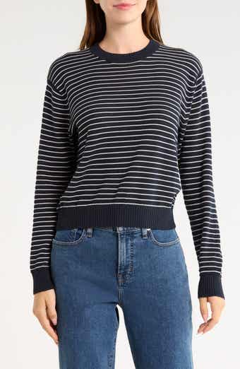 Striped Textured Stitch Cotton Crewneck Sweater