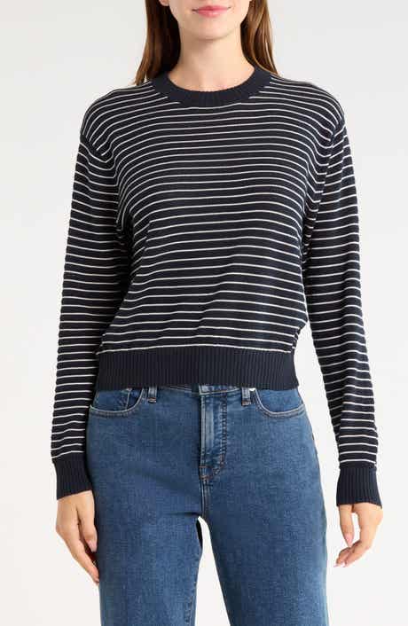 Striped Textured Stitch Cotton Crewneck Sweater
