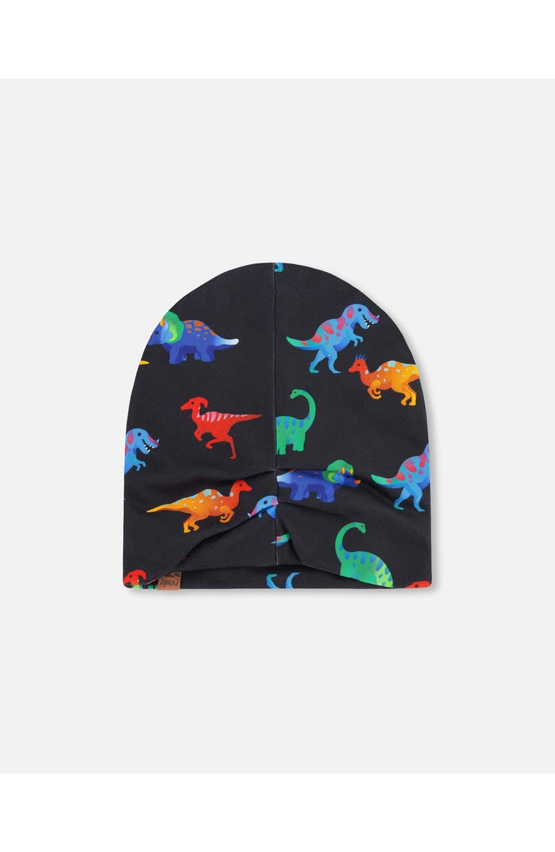 Deux par Deux Stretch Jersey Dinosaur Print Beanie, Alternate, color, Black Dinosaur Print