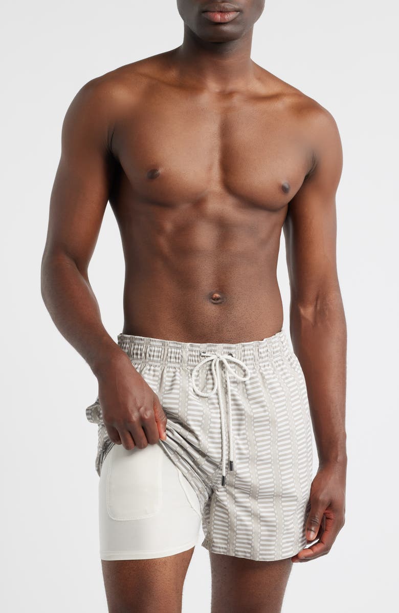 Bugatchi Cruz Geo Print Swim Trunks, Alternate, color, Desert