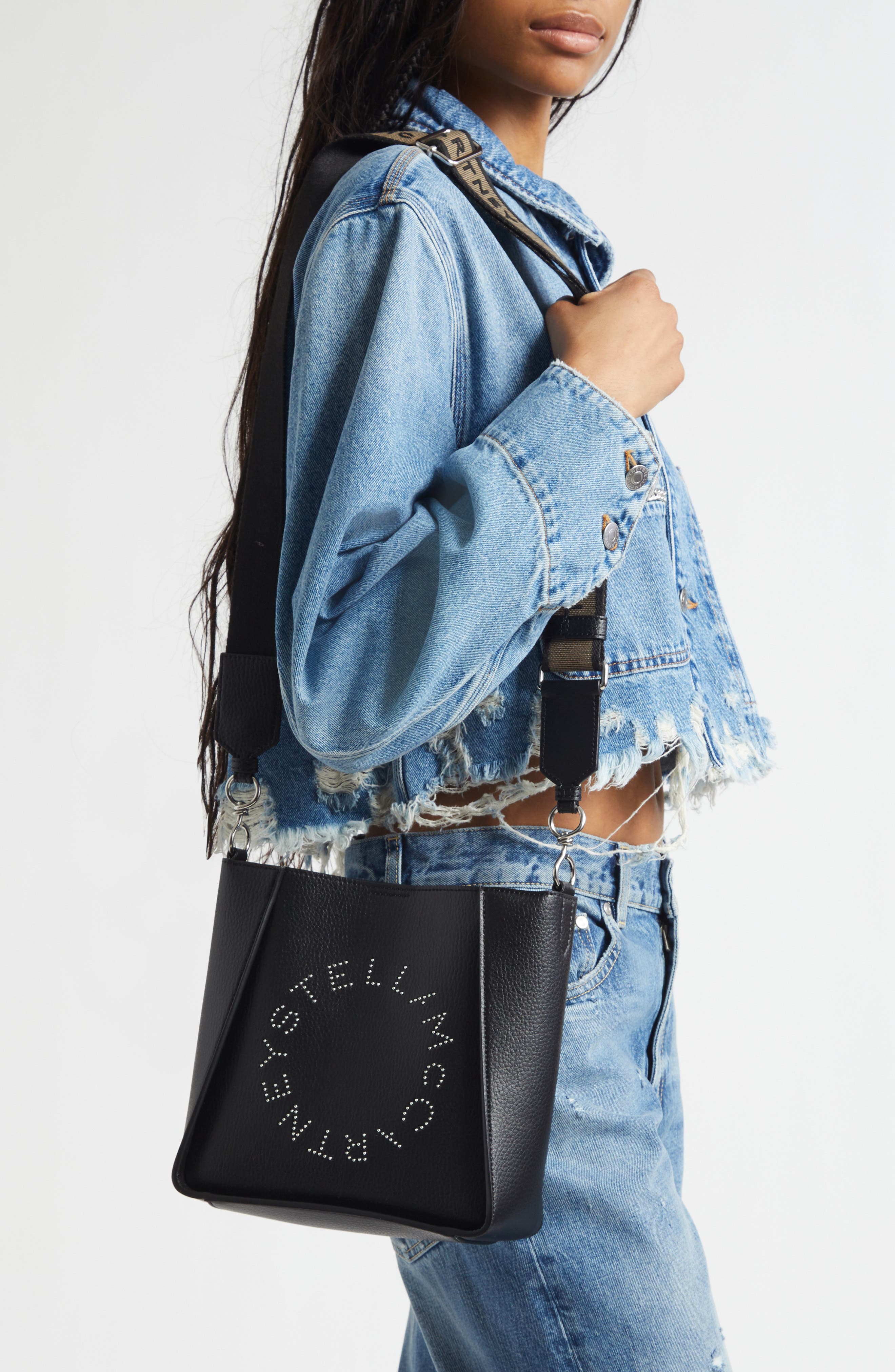 Stella McCartney Falabella Shimmer Faux Leather Tote, Alternate, color, Black