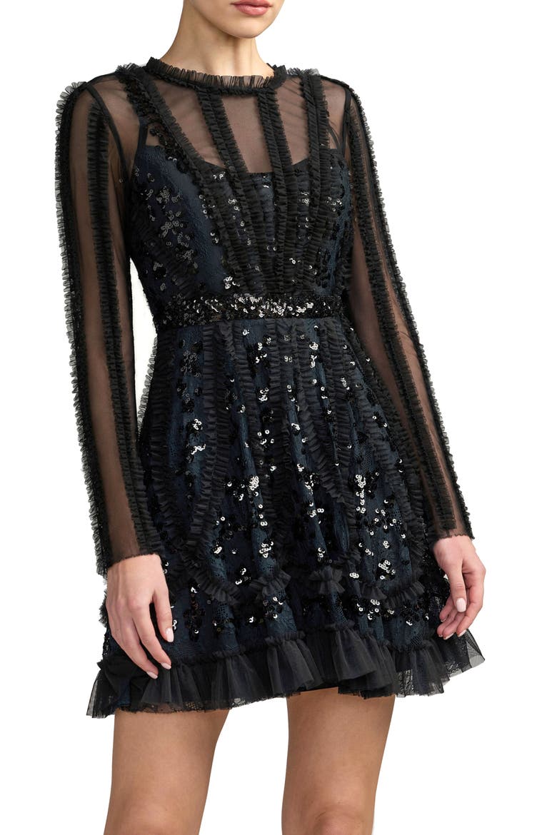 Long Sleeve Sequin Ruffle Mini Dress, Alternate, color, Black Nude
