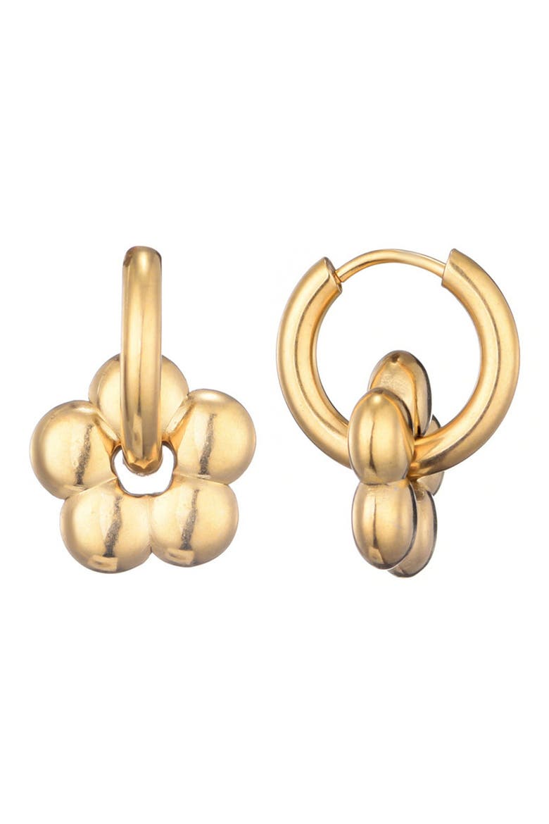Tarnish Resistant Flower Drop Huggie Hoop Earrings, Main, color, GOLD