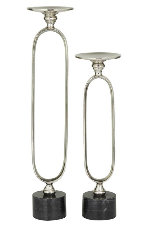 Silvertone Aluminum Paper Clip Pillar Candle Holder with Marble Base - Set of 2