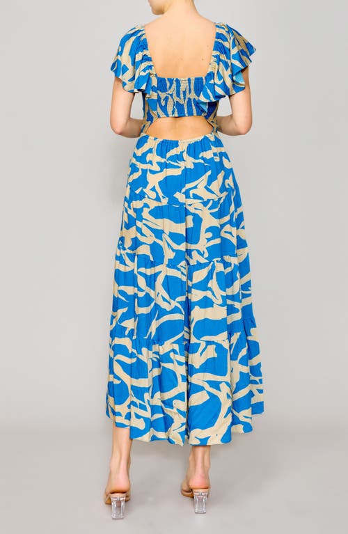 Melloday Printed Shirred Waist Tiered Maxi Sundress In Blue Ivory