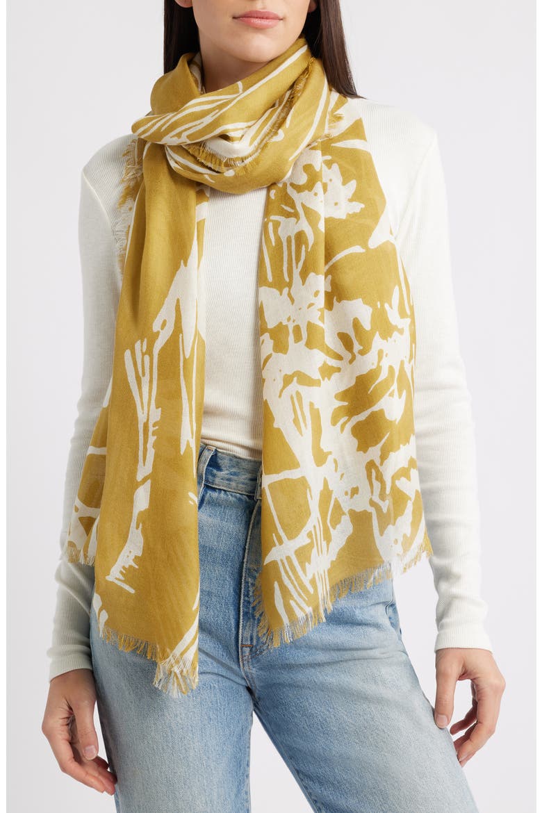 Eyelash Trim Print Cashmere & Silk Wrap, Main, color, YELLOW TRACED PETALS
