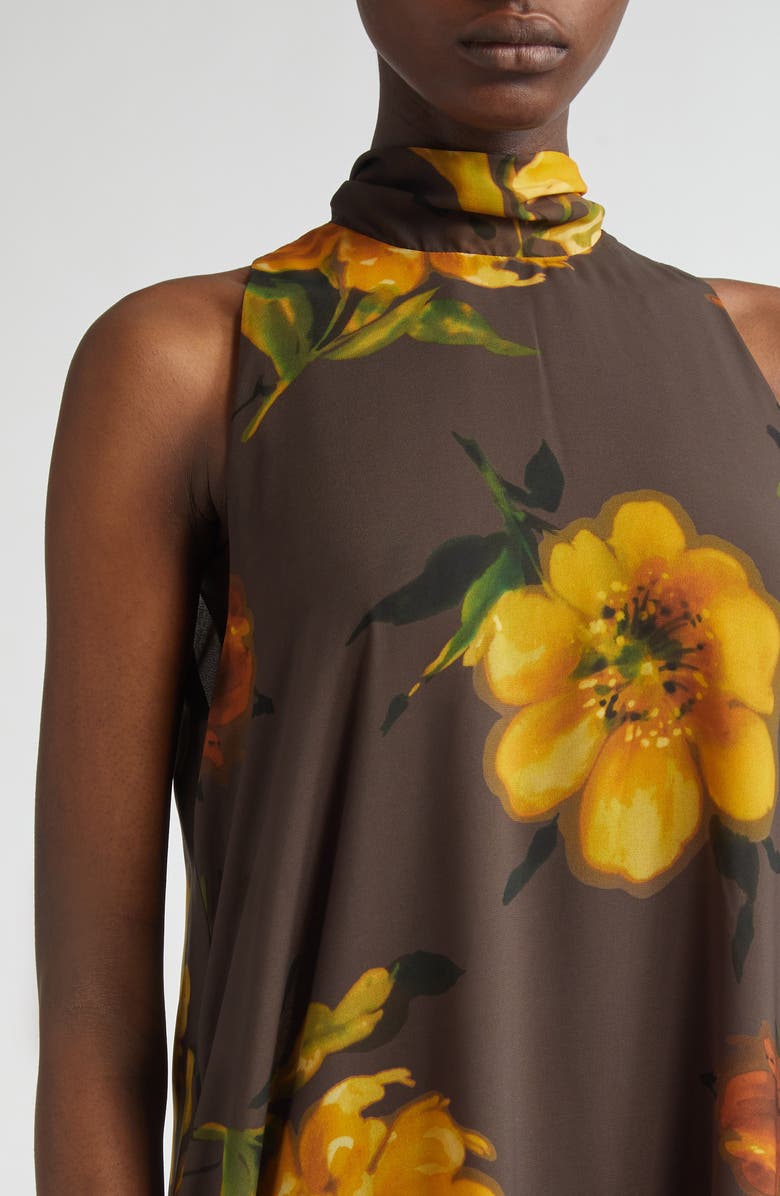 Lela Rose Floral Print Tie Neck Sleeveless Chiffon Maxi Dress, Alternate, color, Chocolate Multi
