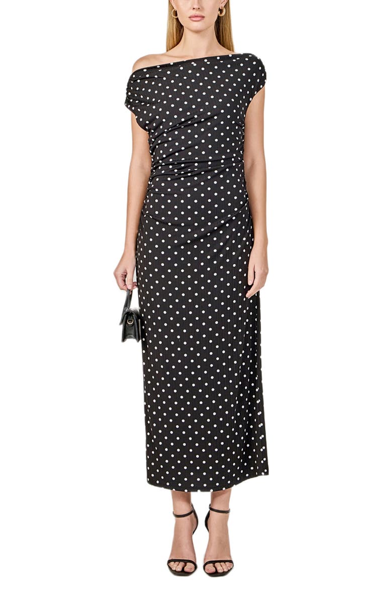 Asymmetric Polka Dot Column Dress, Alternate, color, BLACK/ WHITE DOT