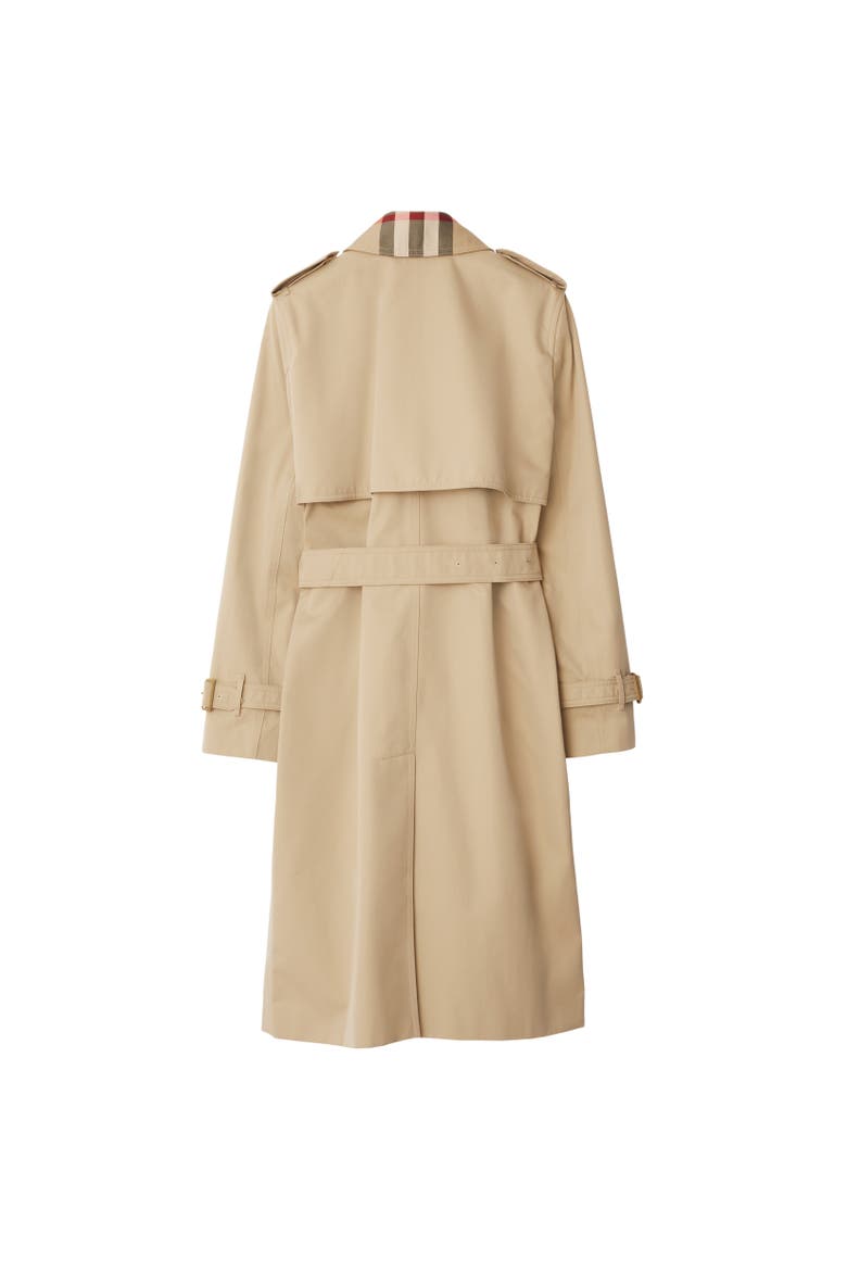 Long Check Collar Gabardine Trench Coat, Alternate, color, Honey beige