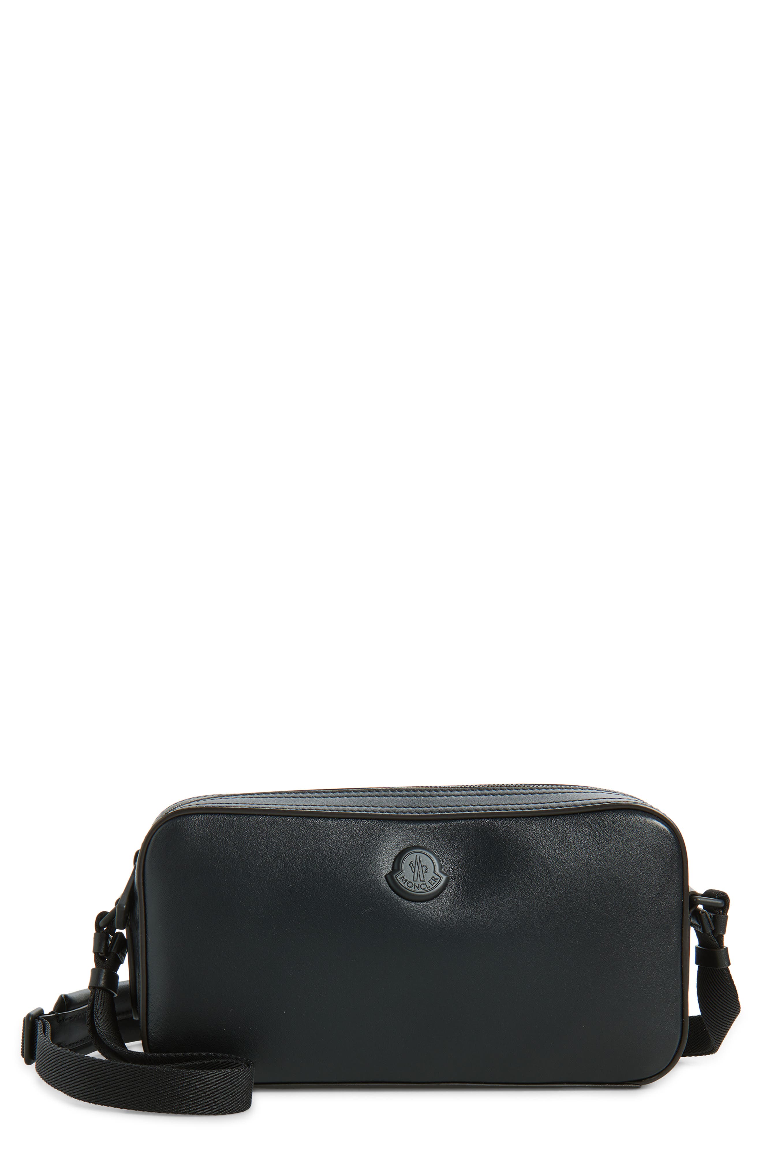 Moncler Carlo Leather Crossbody Bag, Main, color, Black
