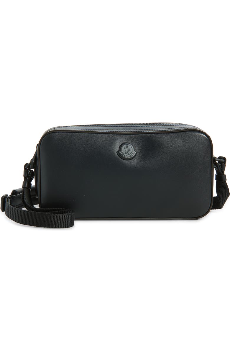 Moncler Carlo Leather Crossbody Bag, Main, color, Black