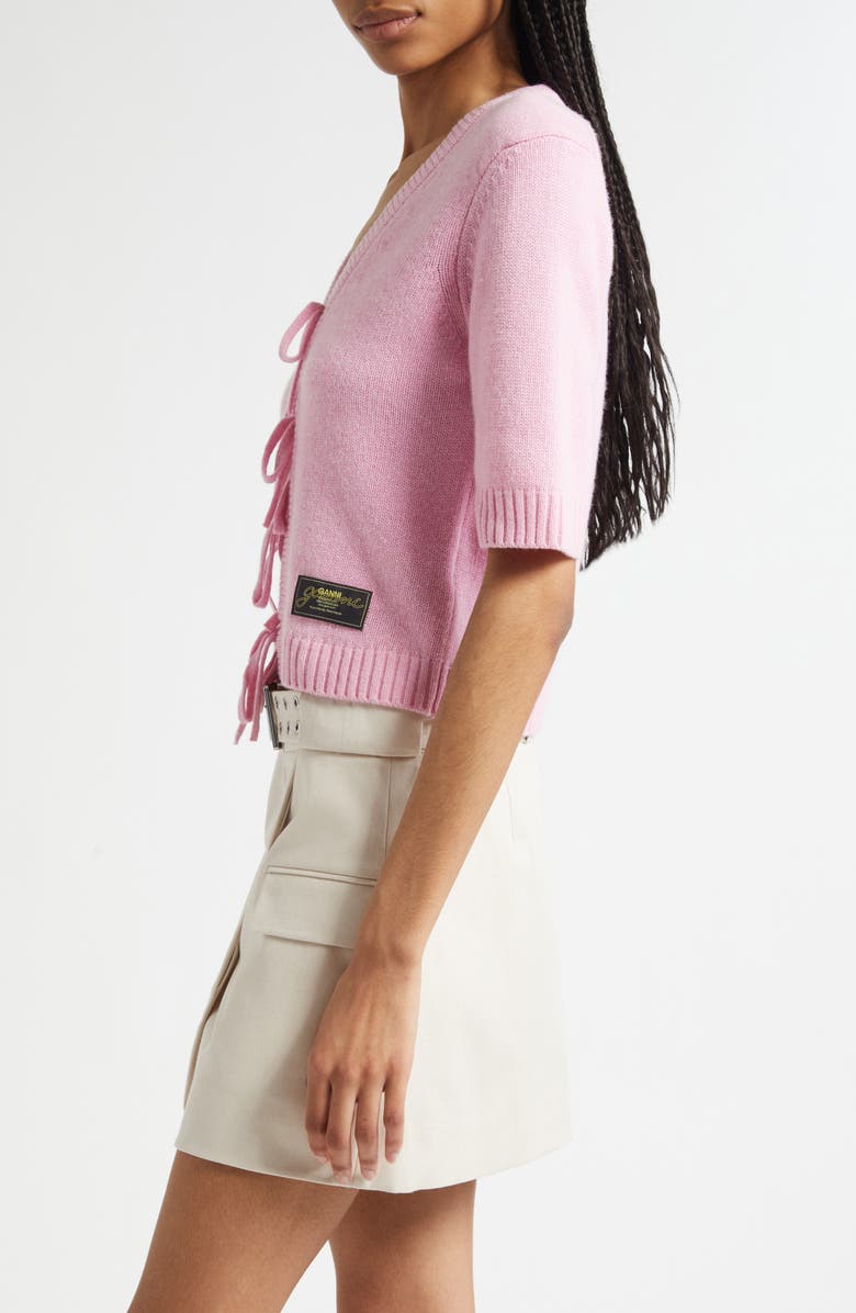 Ganni Tie Front Wool Blend Cardigan, Alternate, color, Primrose Pink