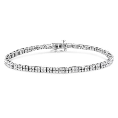 Silver 3.0 Cttw Prong-Set Round Diamond 2 Row Link Tennis Bracelet