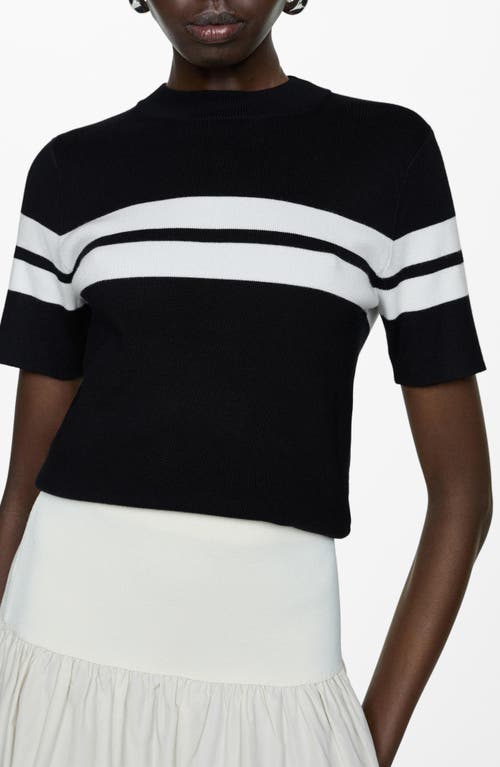 MANGO Stripe Short Sleeve Crewneck Sweater in Black 