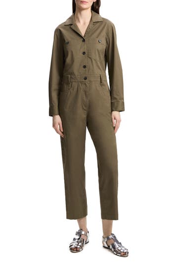 Theory Js Patto Long Sleeve Stretch Cotton Jumpsuit In Dark Olive