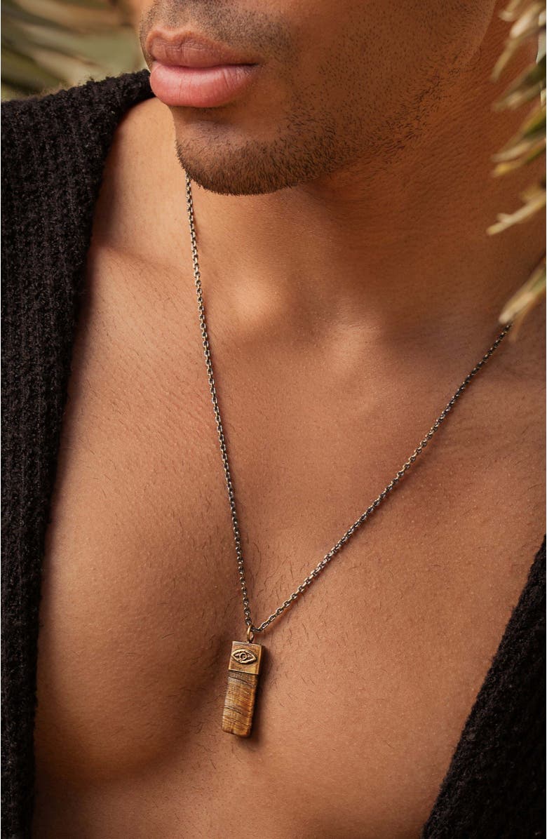 Karma and Luck Men's Tiger’s Eye Evil Eye Pendant Necklace Outstanding Strength, Alternate, color, Gunmetal/Bronze/Brown