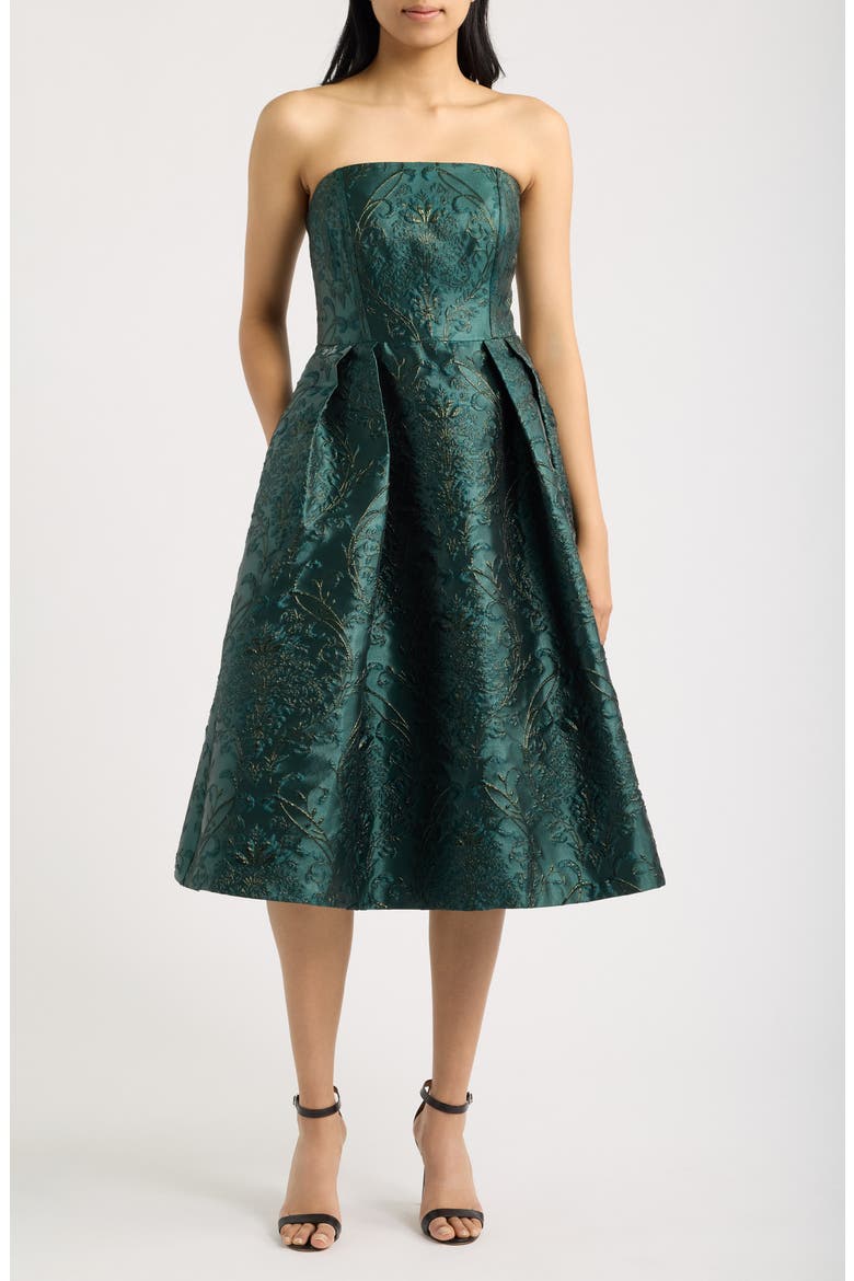Metallic Brocade Convertible Strapless Cocktail Midi Dress, Main, color, HUNTER