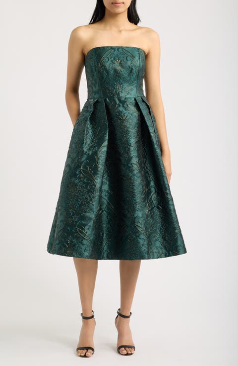 Metallic Brocade Convertible Strapless Cocktail Midi Dress