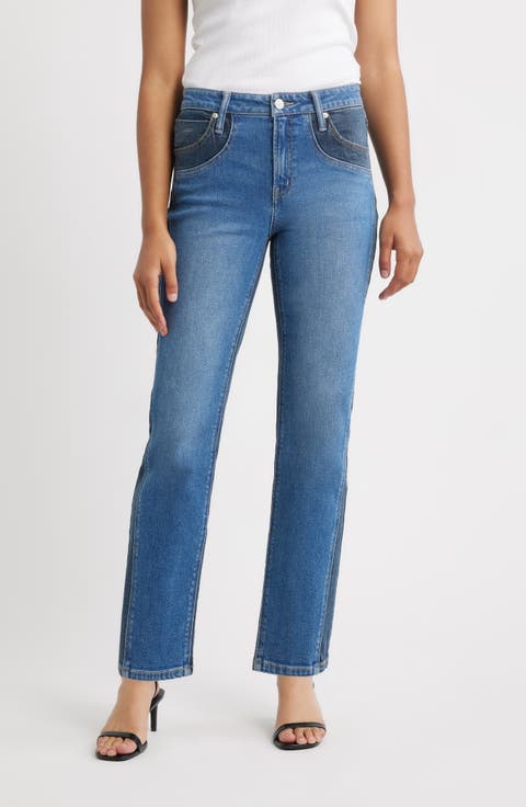 Two-Tone High Waist Straight Leg Jeans (Vintage Whisker)