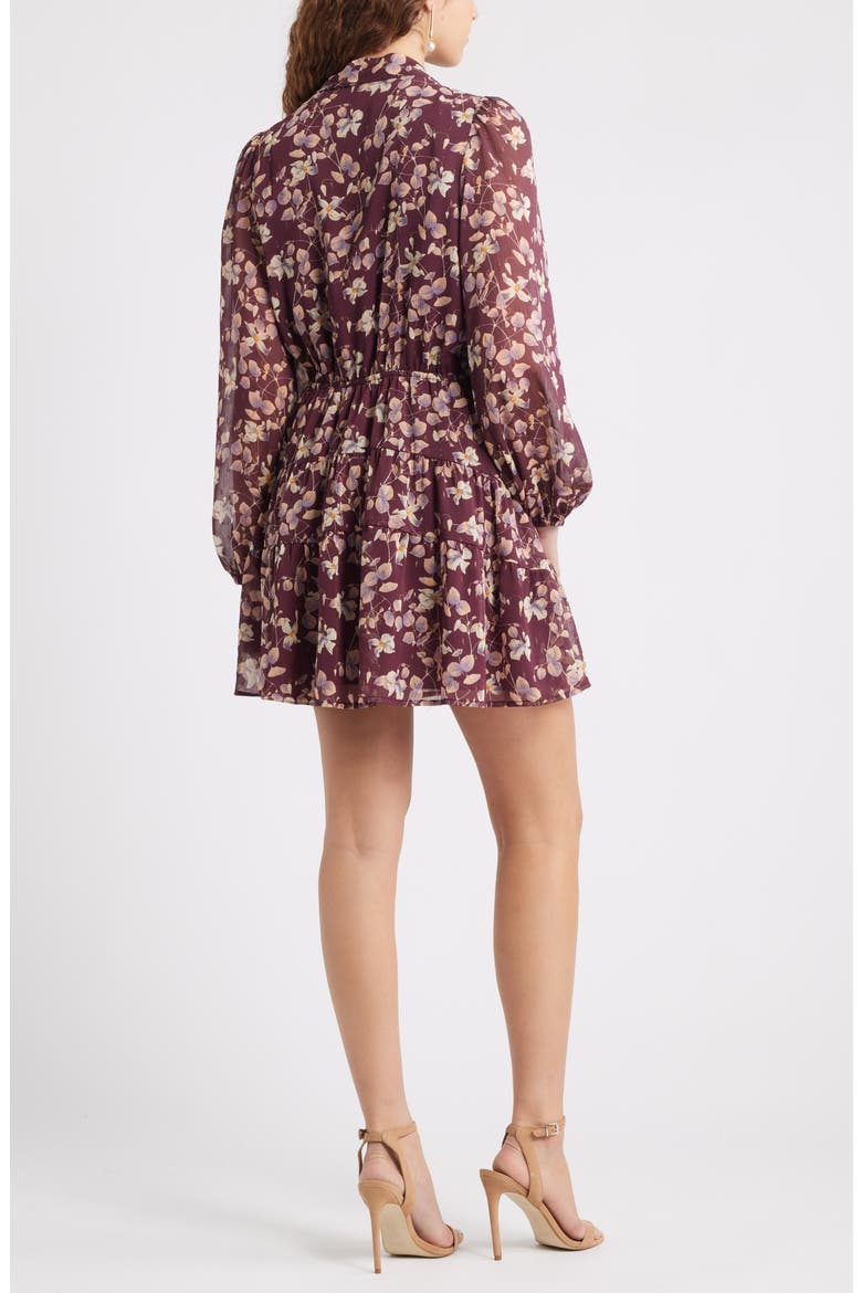 Metallic Tie Neck Long Sleeve Tiered Dress, Alternate, color, BURGUNDY- PINK MAPLE FLORAL