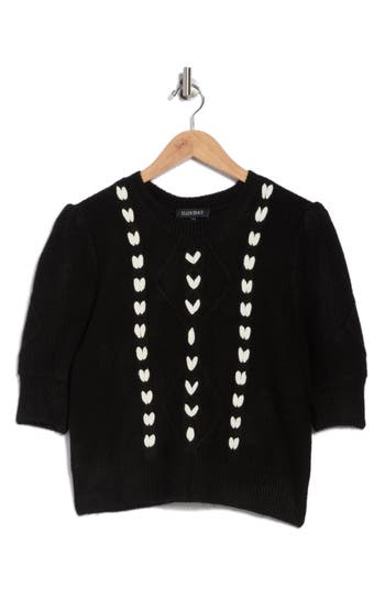 Ellen Tracy Embroidered Short Sleeve Crop Sweater In Black