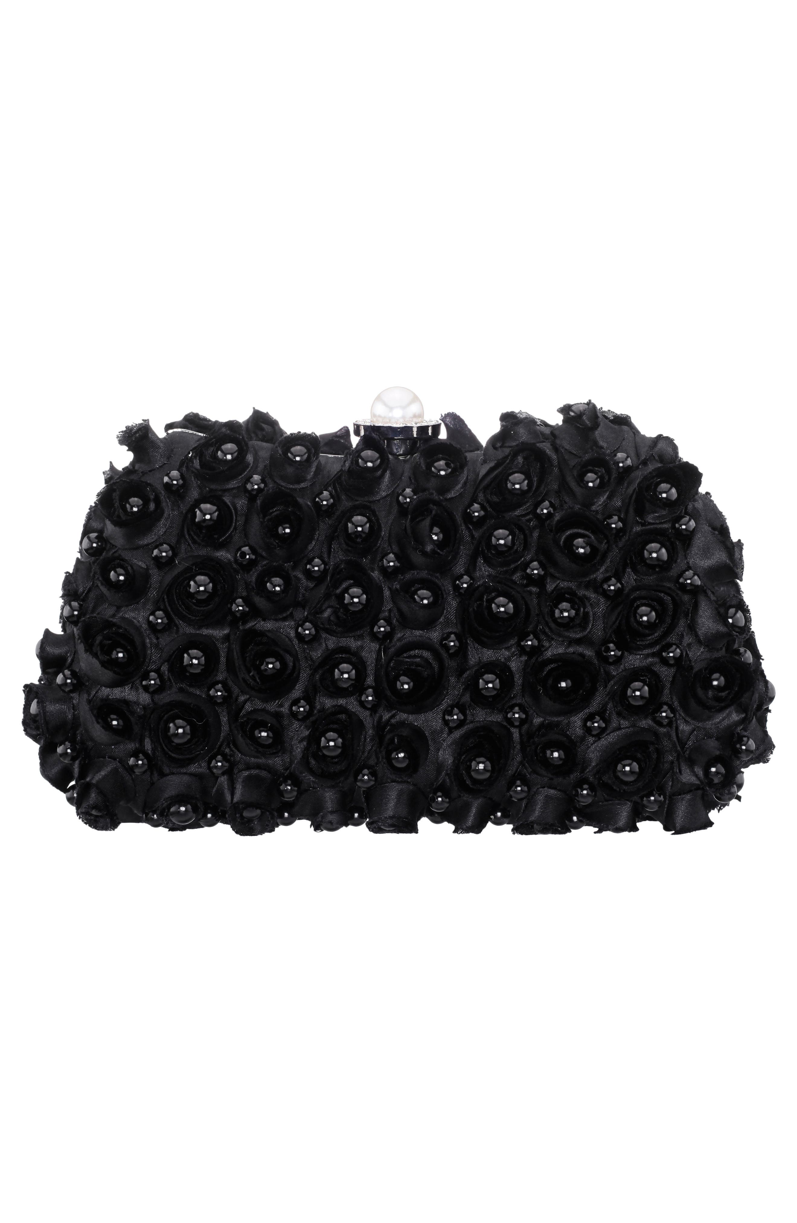 Paloma Rosette Imitation Pearl Frame Clutch, Alternate, color, BLACK