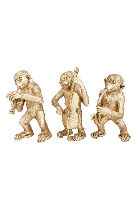 Goldtone Polystone Contemporary Monkey Sculpture - Set of 3