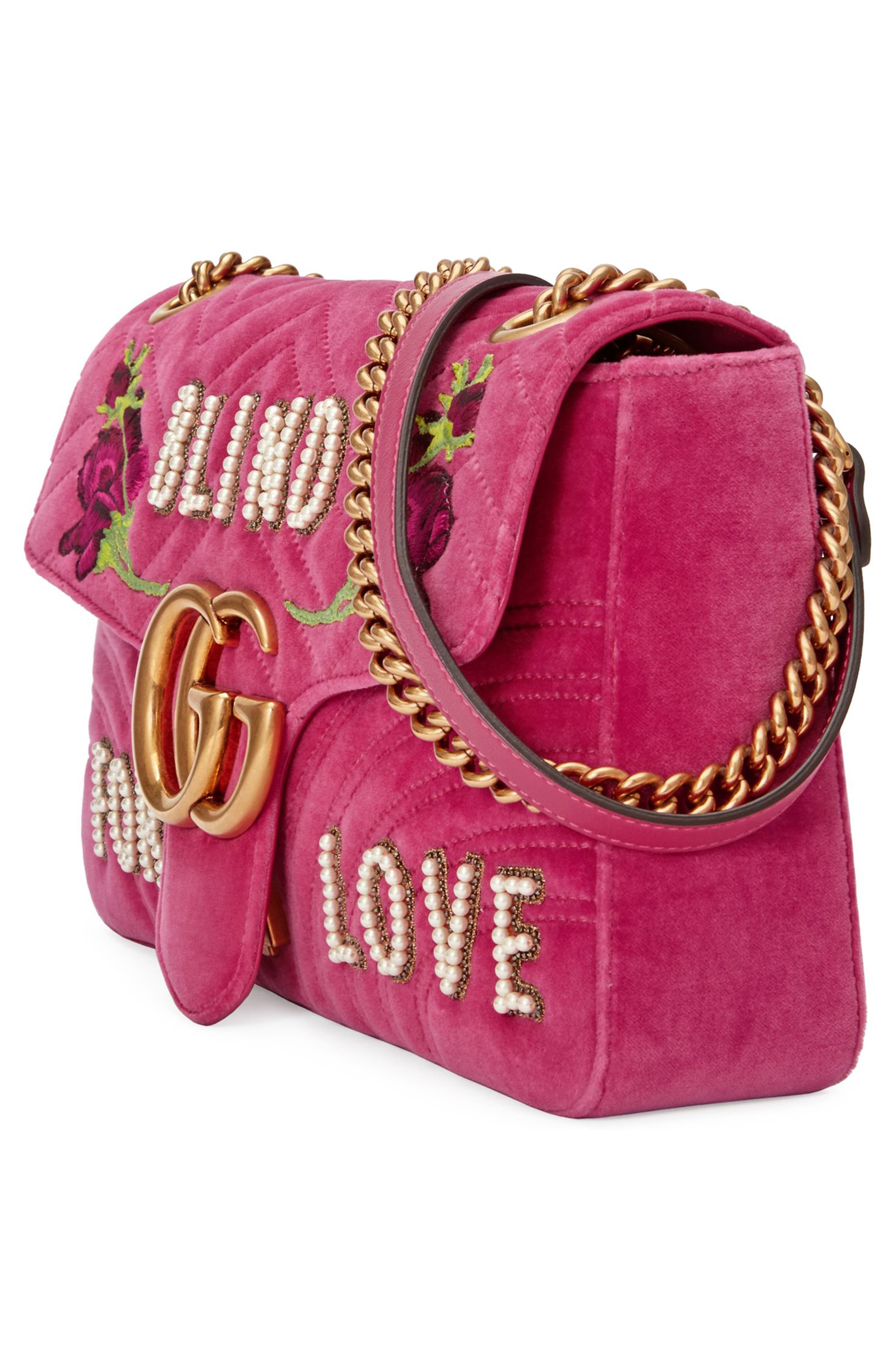 Gucci GG Marmont 2.0 Imitation Pearl Embellished Velvet Crossbody Bag, Alternate, color, 