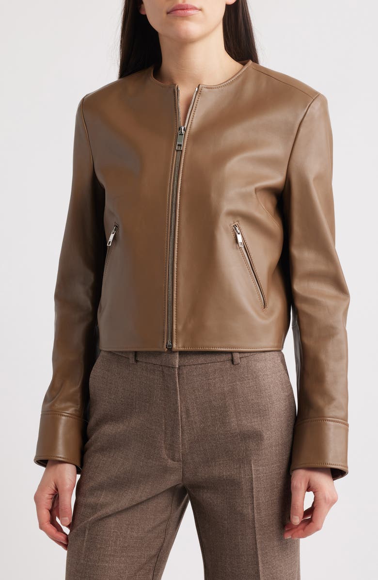 BOSS Sadenita Leather Jacket, Alternate, color, Teak