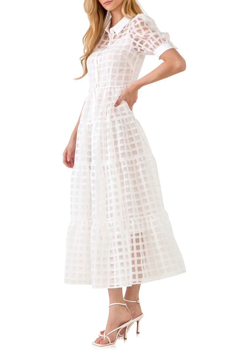 Grid Pattern Tiered Midi Shirtdress, Alternate, color, WHITE
