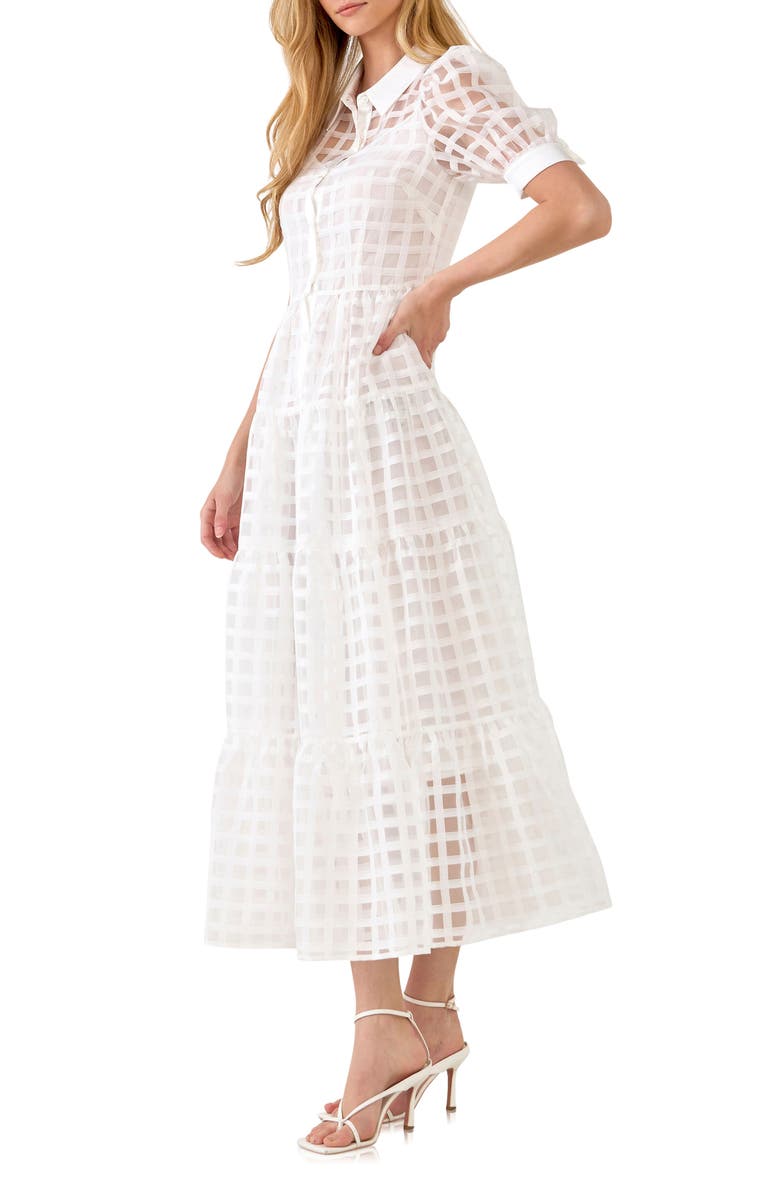 English Factory Grid Pattern Tiered Midi Shirtdress, Alternate, color, White