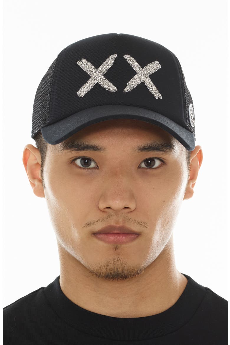 XX Crystal Embellished Trucker Hat, Alternate, color, BLACK/ WHITE
