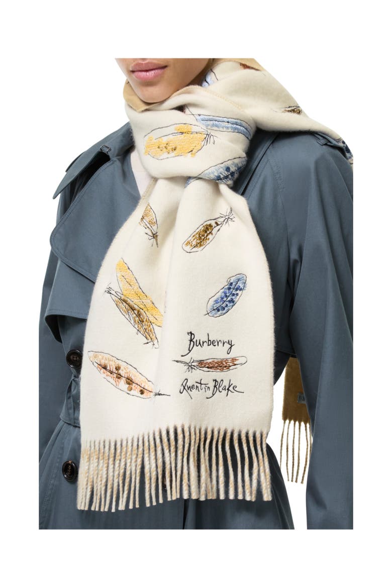 Feather Print Cashmere Scarf, Alternate, color, Sand beige