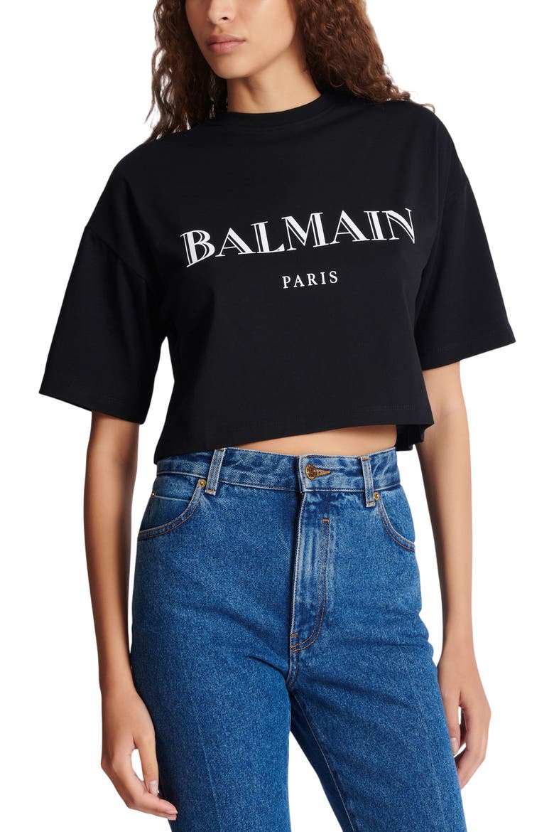 Boxy Cropped T-Shirt with Balmain Print, Alternate, color, black