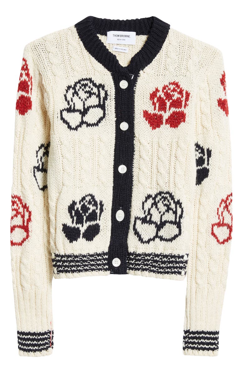 Thom Browne Rose Intarsia Cable Knit Wool & Mohair Cardigan, Alternate, color,