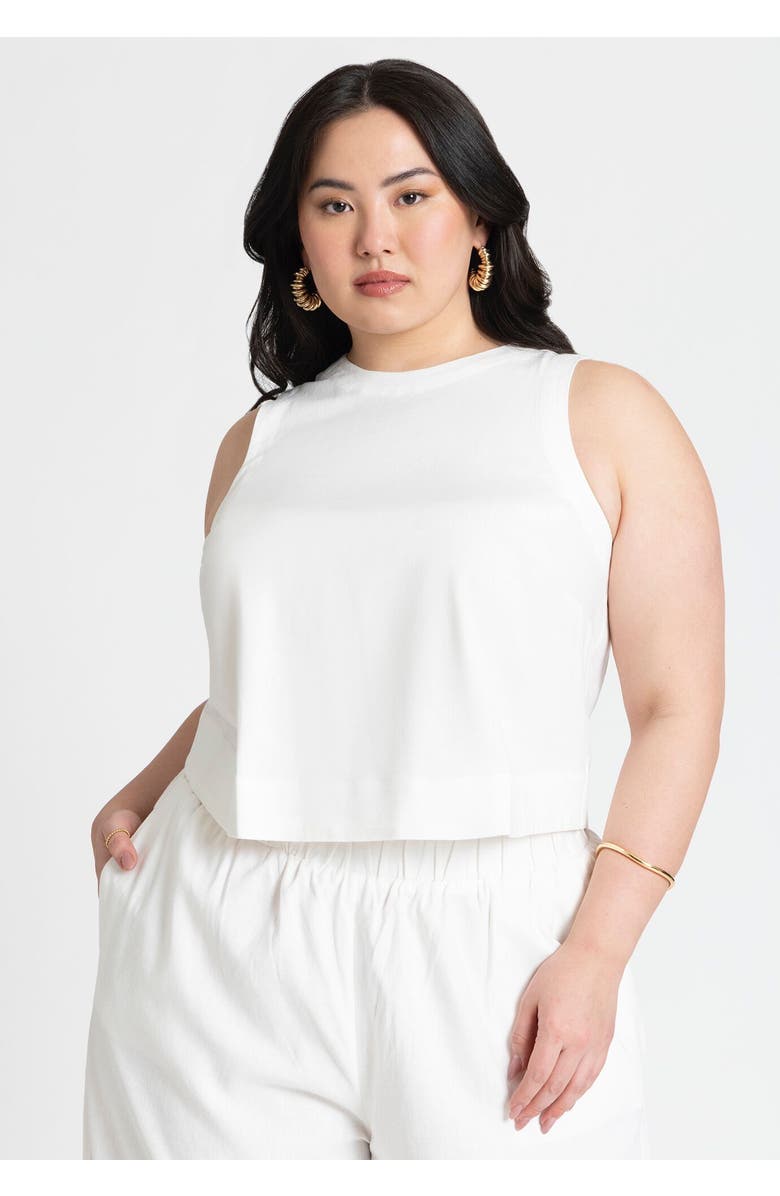 ELOQUII Linen-Blend Boxy Scoop Neck Crop Tank, Alternate, color, White