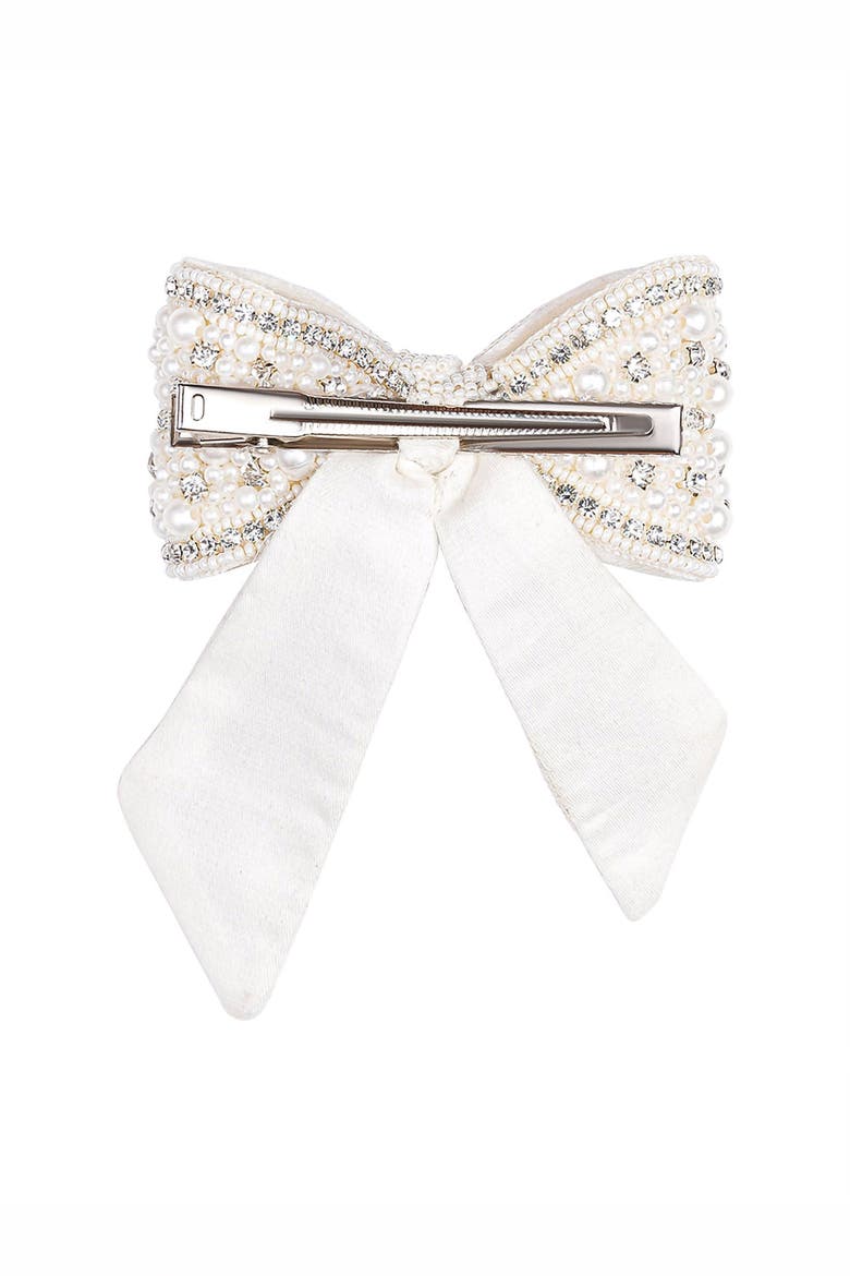 Embellished Crystal & Pearl Hair Bow Barrette Clip - Silver, Alternate, color, Ivory